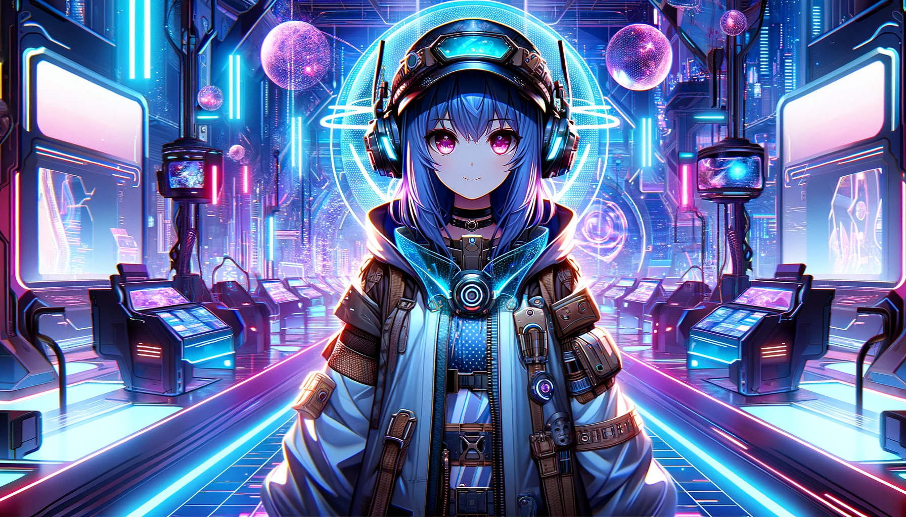 Eine großformatige Illustration, die eine Figur im Anime-Stil mit futuristischer Kleidung und Gesichtszügen in einer Umgebung voller Neonlichter und Science-Fiction-Motive zeigt, die den thematischen Elementen eines Weltraum-Fantasy-Spiels ähnelt