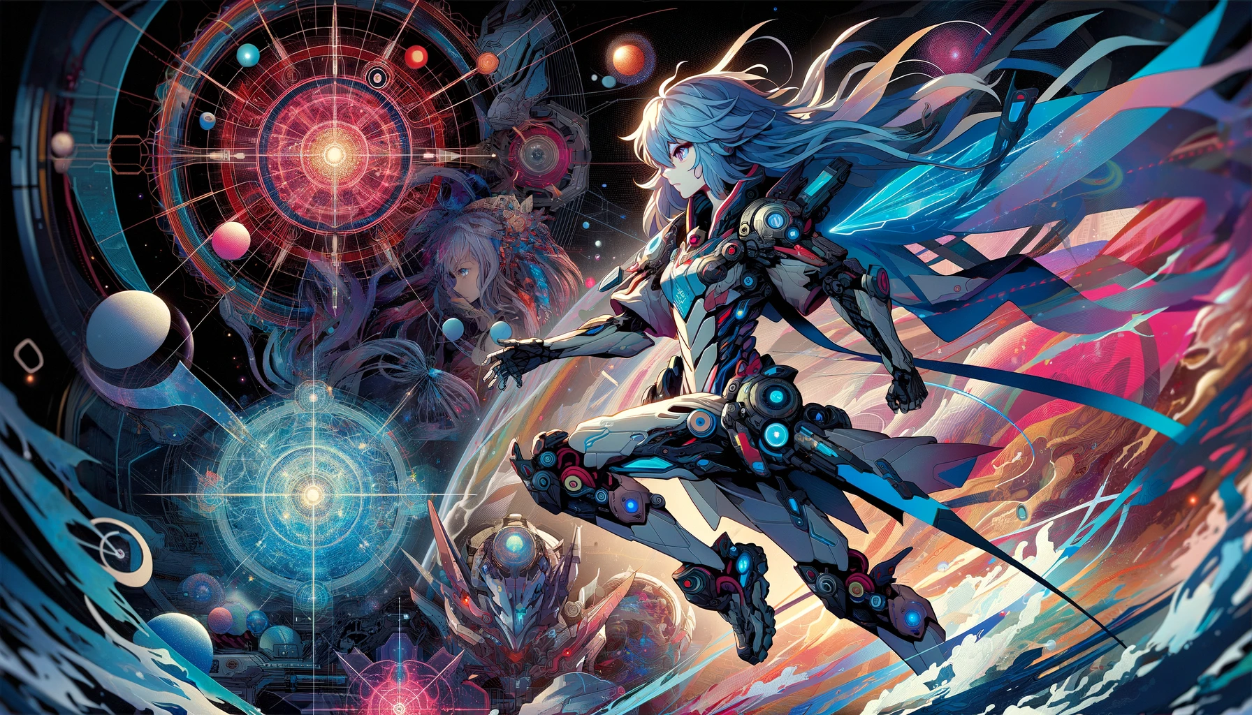 Eine horizontale, sehr detaillierte, farbenfrohe Illustration einer Anime-Figur in dynamischer Pose, vor einem Hintergrund, der an eine Weltraumoper erinnert, mit Elementen, die an ein interstellares High-Tech-Setting erinnern